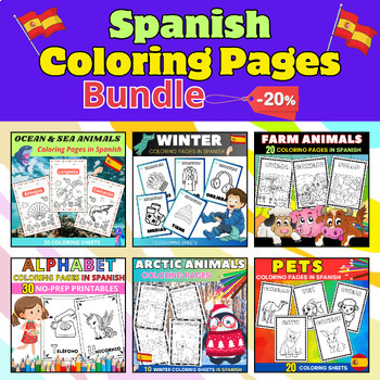 Preview of Coloring Pages in Spanish Bundle /Farm, Arctic, Pet & Sea Animals/Winter Clothes