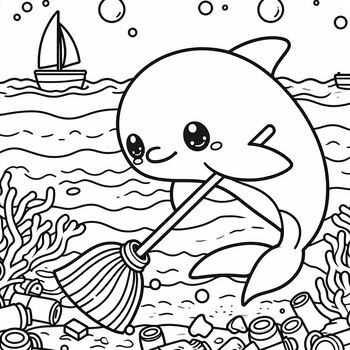 Preview of Coloring Picture Dolphin cleans hometown- Make the Earth Happy 2024 Campaign