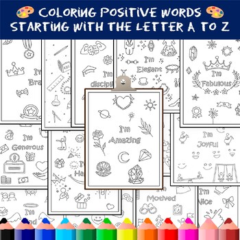 Preview of Coloring Positive Words for Kids Starting with The Letter A to Z