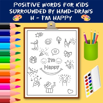 Preview of Coloring Positive Words for Kids Starting with The Letter H - I'm Happy