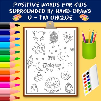 Preview of Coloring Positive Words for Kids Starting with The Letter U - I'm Unique