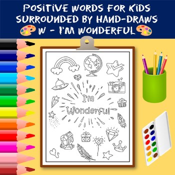 Preview of Coloring Positive Words for Kids Starting with The Letter W - I'm Wonderful