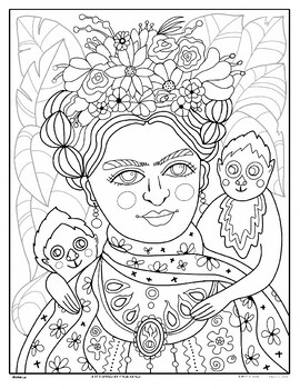Preview of Coloring Sheet | Famous Artist | Frida Kahlo | Mexican | Portrait w monkeys