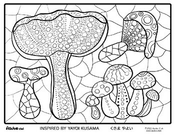 Preview of Coloring Sheet | Famous Artist | Yayoi Kusama | Japanese | Mushrooms