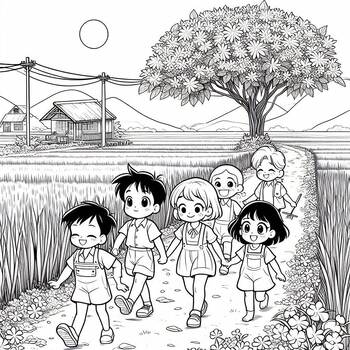 Preview of Coloring page: Kids playing outside