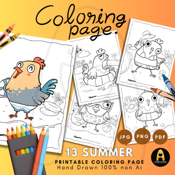 Preview of Coloring page chicken on the beach : holiday season worksheets : Happy summer