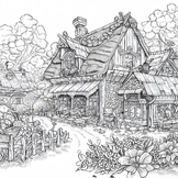 Coloring pages of imaginative cartoon houses decorated wit