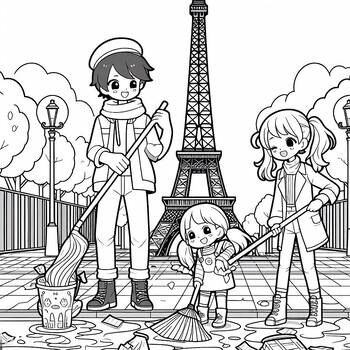 Preview of Coloring picture Cleaning Eiffel Tower space for Earth