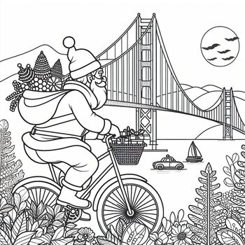 Preview of Coloring picture Santa claus riding the bike at Golden Gate on Christmas 2