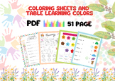Coloring sheets and table learning colors and word.