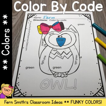 Preview of Color By Code Kindergarten Know Your Colors Funky Owls