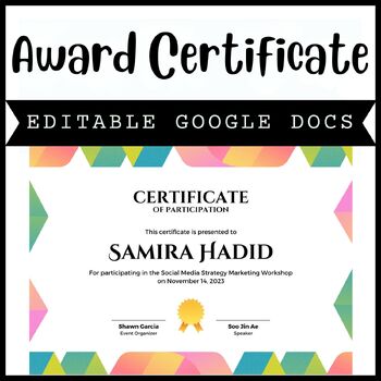 Preview of Colors Editable Award Certificate - Graduation Template Google Docs  2024