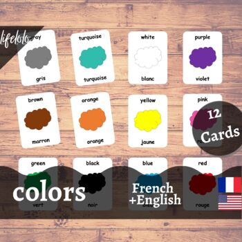 Preview of Colors - FRENCH - English Bilingual Cards | 12 Flash Cards | Homeschool