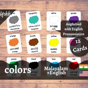 Preview of Colors - MALAYALAM English Bilingual Flash Cards | 12 Cards | Homeschool