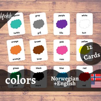 Preview of Colors - NORWEGIAN English Bilingual Cards | 12 Flash Cards | Homeschool