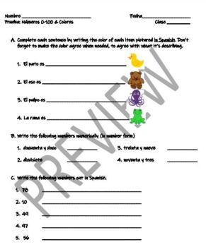 Preview of Colors & Numbers 0-100 Quiz EDITABLE