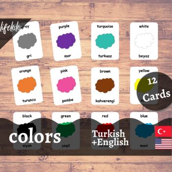 Preview of Colors - TURKISH - English Bilingual Cards | 12 Flash Cards | Homeschool