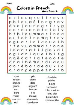 Colors in FRENCH Word Search Puzzle + Word Match Worksheet Activity