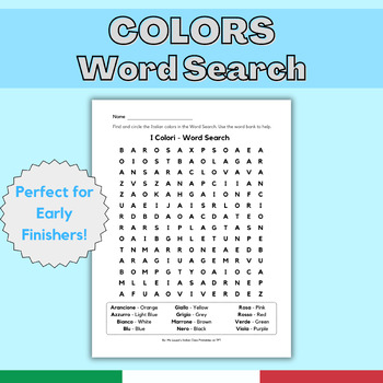 Preview of Colors in Italian - Word Search (I Colori) - Sub-Plan Extra Work