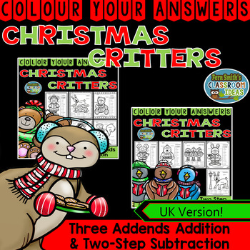Preview of Christmas Colour By Number Three Addends Add & Two-Step Subtraction UK Bundle