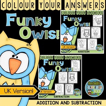 Preview of Colour By Numbers Funky Owls Addition and Subtraction UK Version Bundle