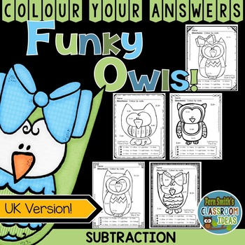Preview of Colour By Numbers Funky Owls Subtraction UK Version