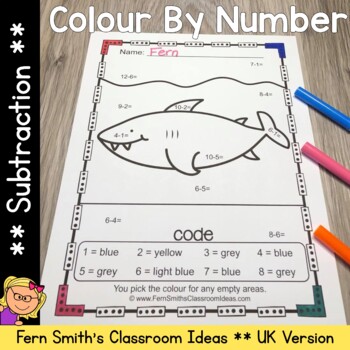 Preview of Colour By Number Ocean Animals Subtraction UK Version