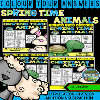 Preview of Colour By Numbers Spring Time Two-Step Math Problems Bundle