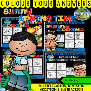 Preview of Colour By Numbers Sunny Spring Two-Step Math Problems Bundle