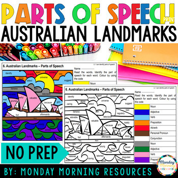 Preview of Parts of Speech Colour by Code Worksheets - Australian Landmark Colouring Pages