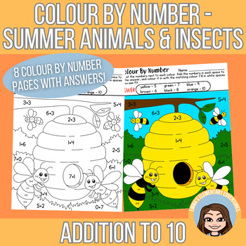 Preview of Colour by Number - Summer Animals & Insects | Addition to 10 | Low Prep Math