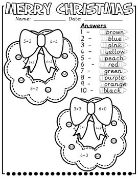 Colour By Adding To 10 Maths Christmas Worksheets - Kindergarten 