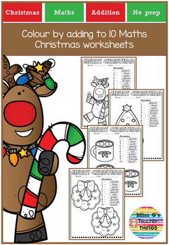 Preview of Colour by adding to 10 Maths Christmas worksheets - Kindergarten/Reception/Year1