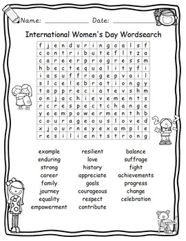 Preview of Colour-in International Women's Day wordsearch with answers