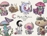 Colourful Mystical Mushrooms Clipart, Fall Forest Fungus Clipart, Mushroom Woodl