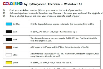 Colouring by Pythagorean Theorem - Applications (16 and 25 worksheet