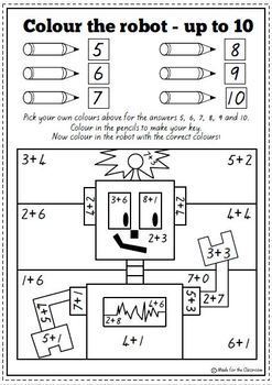 Addition Facts to 10 Coloring Worksheets by Made for the Classroom
