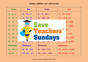 Preview of Column or Vertical Addition and Subtraction worksheets / questions