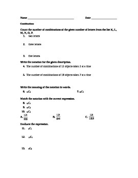 Preview of Combinations Quiz or Worksheet