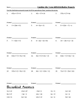 Preview of Combine (Combining) Like Terms With Distributive Property Worksheet