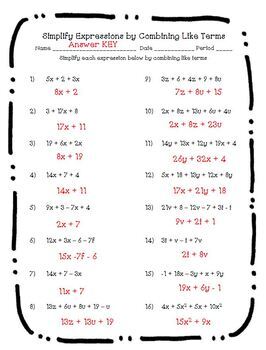 Simplifying Expressions Combining Like Terms Worksheet with Answer KEY