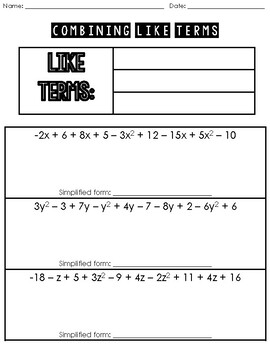 Preview of Combine Like Terms Activity Project