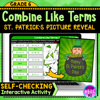 Preview of Combine Like Terms Digital Mystery Picture Reveal for St. Patrick's Day!