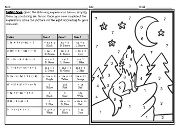 Preview of Combine Like Terms (Integers) Coloring Pages (4)