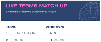 Preview of Combine Like Terms Matching Activity