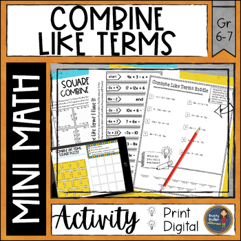 Preview of Combine Like Terms Math Activities Puzzles and Riddle - Print and Digital