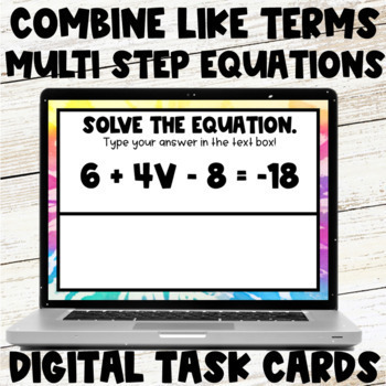 Preview of Combine Like Terms & Solve Multi Step Equations Digital Task Cards Google Slides