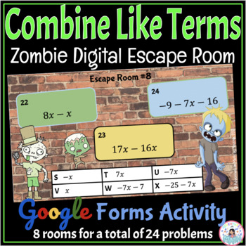 Preview of Combine Like Terms Zombie Digital Math Escape Room - Google