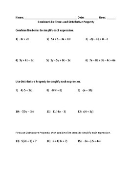 Preview of Combine Like Terms and Distributive Property  Worksheet