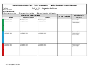 Preview of Combined K-6 Common Core Special Education Interactive Lesson Plan Templates